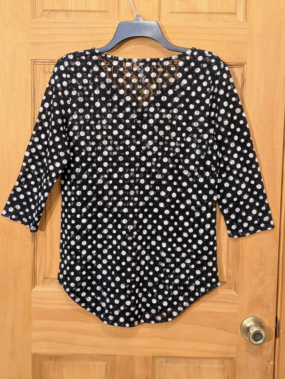 Chico's Tunic Top Nylon Mesh Polka Dot 3/4 Sleeve Semi Sheer Black White Sz 0/Sm - Picture 6 of 10